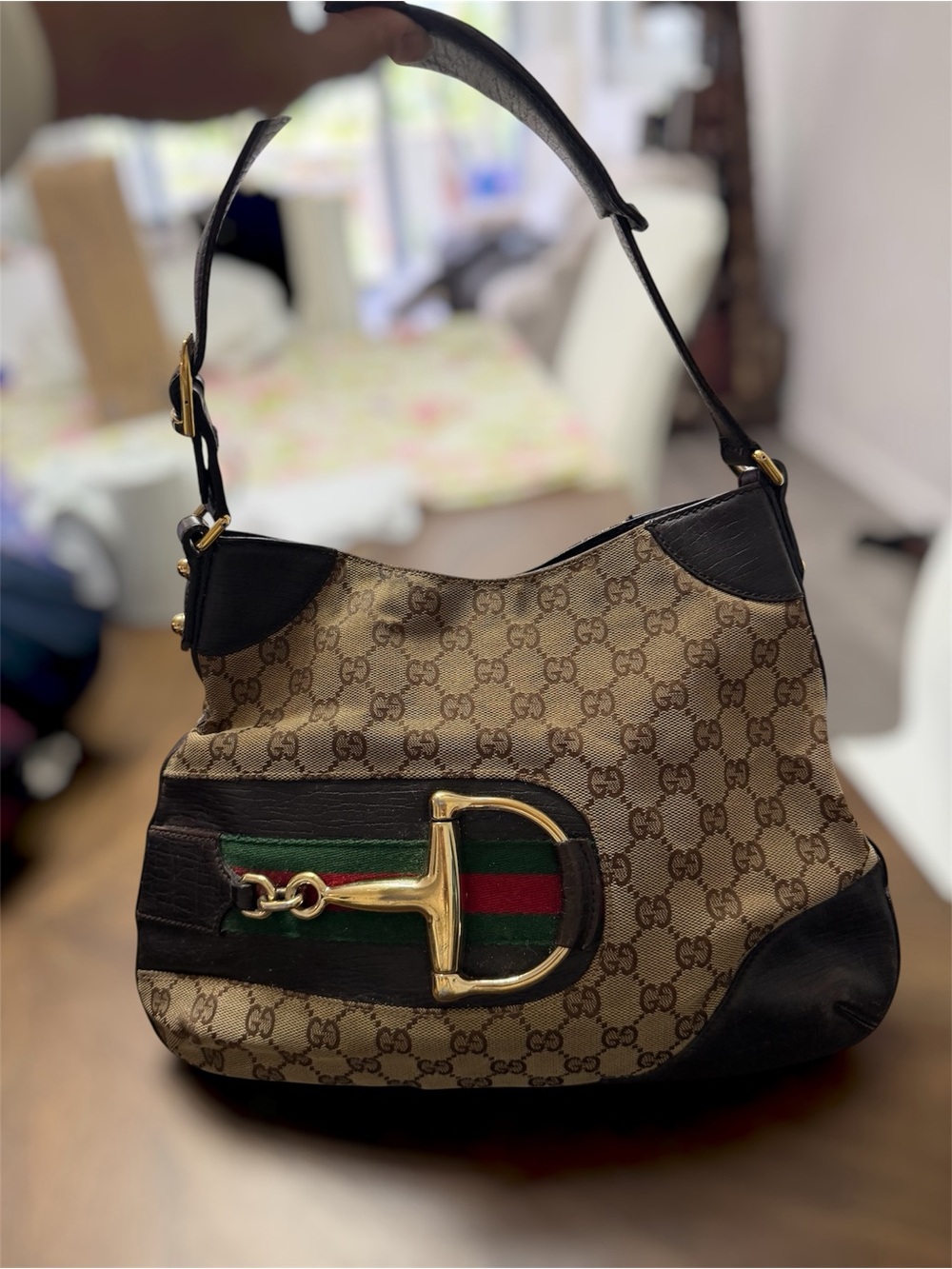 Gucci Brown GG Canvas Shoulder Bag with Green and Red Web